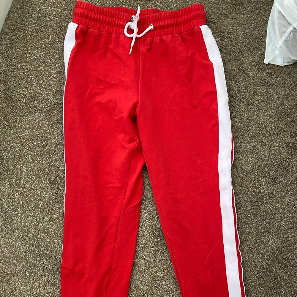 red and white joggers